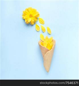 Creative concept still life nature green photo of flowers in bloom with food sweet ice cream waffle cone on blue background.