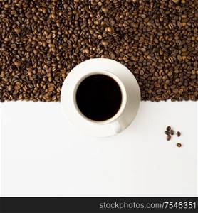 Creative concept still life photo of espresso coffee cup mug drink beverage with beans seeds on white background.