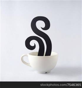Creative concept still life photo of espresso coffee cup mug drink beverage with aroma flavour steam smoke made of paper on grey background.