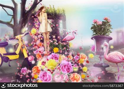 Creative Concept. Visual Arts. Woman and Flowers