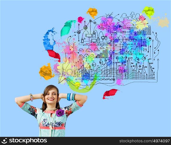 Creative concept. Young woman closing ears with hands and colorful sketches at background