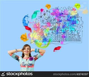 Creative concept. Young woman closing ears with hands and colorful sketches at background