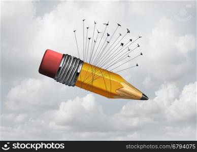 Creative cooperation and group collaboration concept as a flock of birds lifting up a giant pencil as an education metaphor of organized success or business symbol for working together with 3D illustration elements.