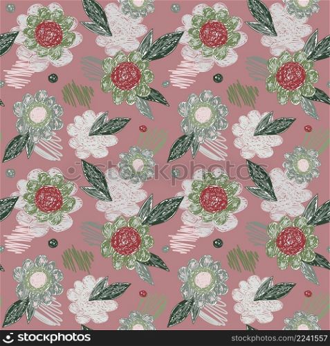 Creative decorative flowers seamless pattern. Doodle botanical texture. Chalk flower background. Design for fabric, textile print, wrapping, cover. Simple vector illustration. Creative decorative flowers seamless pattern. Doodle botanical texture. Chalk flower background.