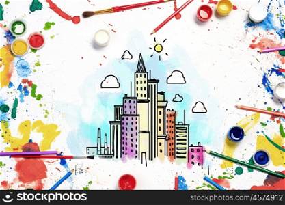 Creative design work. Colorful sketch of construction project on white paper