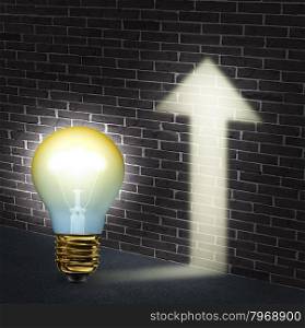 Creative direction business concept with an illuminated light bulb an upward arrow shaped glow on a brick wall as a success symbol of innovation and creativity achievement.