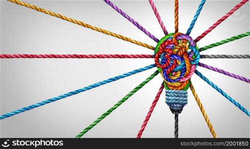 Creative diversity Idea symbol and strong ideas concept as a creativity light bulb made of diverse ropes representing innovative thinking and business solutions isolated on a white background.