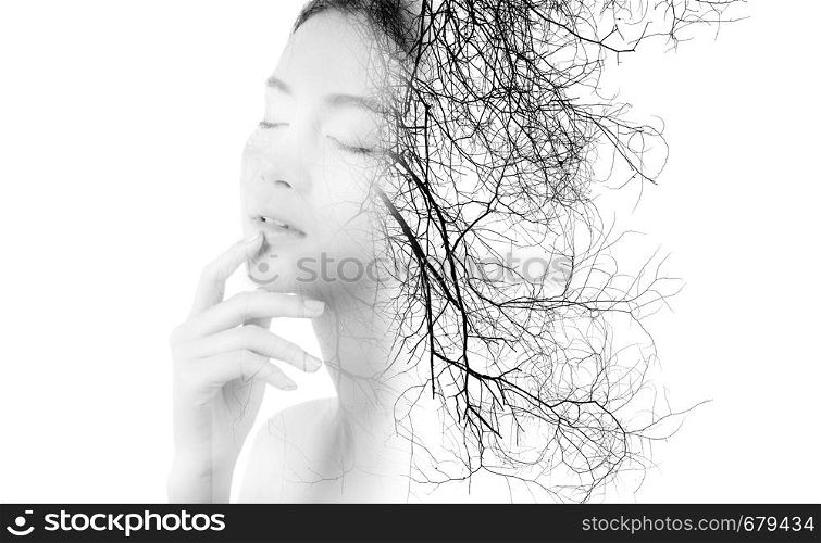 Creative double exposure of portrait beautiful fashion of woman isolated on white background, silhouette of girl with branches of tree, environment concept.