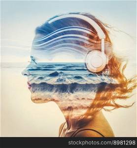 Creative double exposure sedate woman portrait wearing headphone listening to music or sound of blue sea wave splashing for refreshment as concept of oceanic tranquility. Generative AI. Sedate oceanic double exposure portrait woman in headphone listening to music.