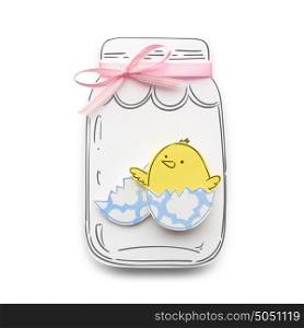 Creative easter concept photo of a chicken with an egg in a bottle made of paper on white background.