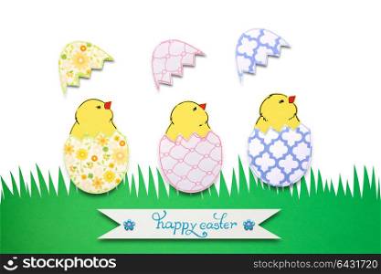 Creative easter concept photo of a chicken with an egg made of paper on white background.