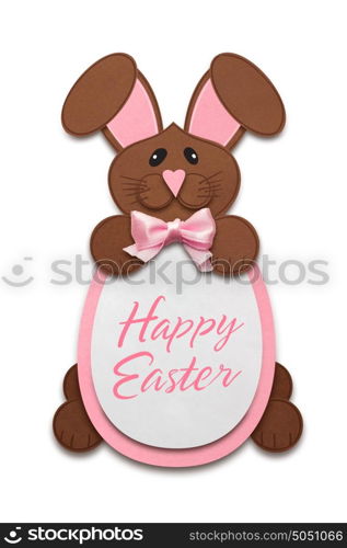 Creative easter concept photo of a rabbit with an egg made of paper on white background.