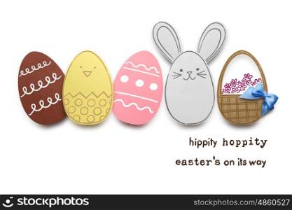Creative easter concept photo of eggs and basket made of paper on white background.
