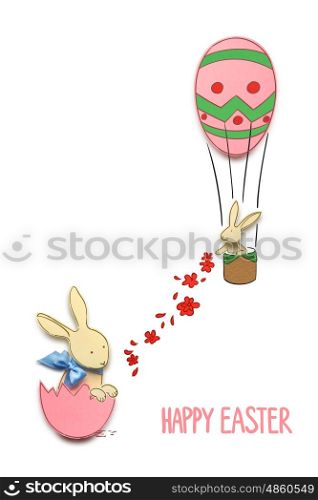 Creative easter concept photo of rabbits with eggs and air balloon made of paper on white background.