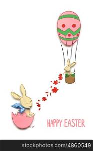 Creative easter concept photo of rabbits with eggs and air balloon made of paper on white background.