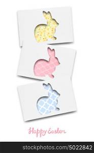 Creative easter concept photo of three rabbits made of paper on white background.
