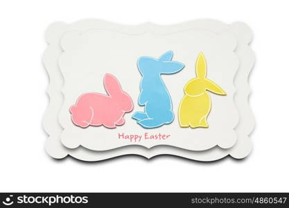 Creative easter concept photo of three rabbits with made of paper on white background.