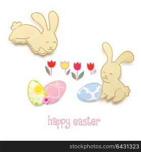 Creative easter concept photo of two rabbits with eggs made of paper on white background.