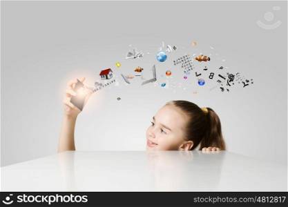 Creative education. Little cute girl and flying above icons