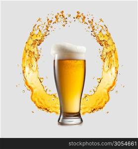 Creative emblem from splashing beer and glass of light fresh beer on a light grey background with copy space. Octoberfest concept.. Glass of light beer on a background of splashing logo sign.