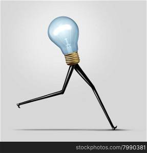 Creative energy and quick thinking business concept as a glowing bright light bulb with long legs running fast as a cretivity performance metaphor for fast production and idea solution.