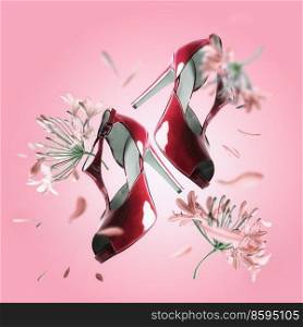 Creative fashion levitation of red high heels with flying flowers and petals at pink background. Fashion concept with fancy modern shoes. Fashionable women footwear. Front view.