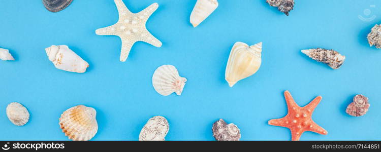 Creative flat lay concept of summer travel vacations. Top view of seashells and starfish on turquoise blue background with postcard mock up and copy space in minimal style, template for text