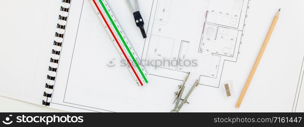 Creative flat lay long wide banner top view blueprints architectural flat project plan and office supplies on decorator white table workspace swatches tools equipment background copy space concept