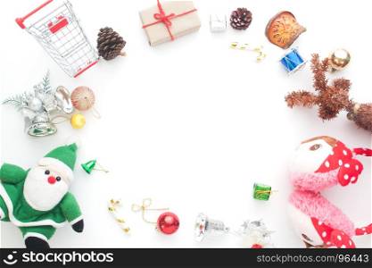 Creative flat lay of Christmas ornaments and decorations on white background