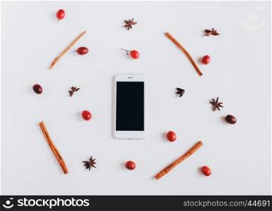 Creative flat lay of smartphone with autumn ornaments on white background, top view
