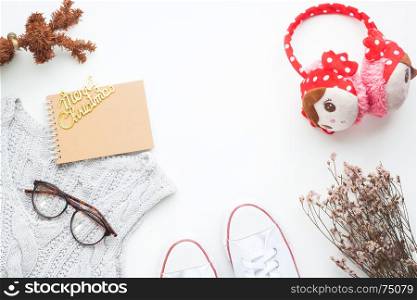 Creative flat lay of Winter and Christmas concept on white background