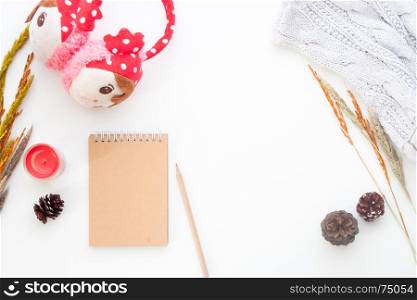 Creative flat lay of Winter concept with notebook, pencil, dried flowers and girl accessories on white background