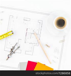Creative flat lay overhead top view blueprint flat project plan hot coffee cup and office supplies on decorator table workspace swatches tools and equipment background copy space concept
