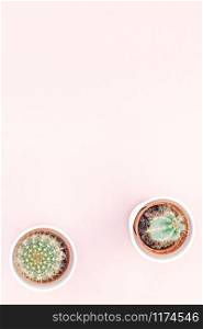 Creative flat lay overhead top view small pots with decorative cactuses plants with copy space on millennial pink paper background in minimalism style. Trendy template for feminine blog, social media