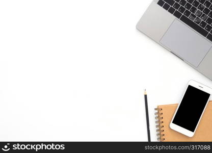Creative flat lay photo of workspace desk. Top view office desk with laptop, phone, pencil and notebook on white color background. Top view with copy space, flat lay photography.