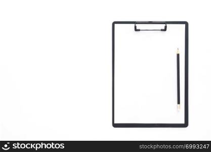 Creative flat lay photo of workspace desk. Top view office desk with pencil and blank clipboard on white color background. Top view with copy space, flat lay photography.