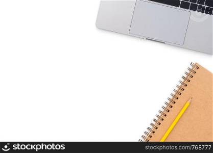 Creative flat lay photo of workspace desk. Top view office desk with laptop, pencil and notebook on white color background. Top view with copy space, flat lay photography.