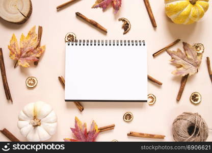 Creative flat lay style of autumn and thanksgiving concept with blank notebook, pumpkins, autumn leaves and cinnamon sticks on pastel color, top view