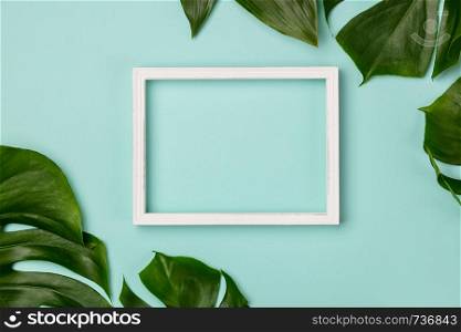 Creative flat lay with tropical plant and white frame for your text on blue background. Creative flat lay with tropical plant and white frame for your text