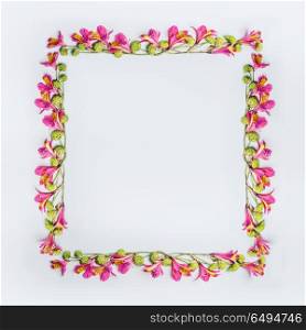 Creative floral design frame layout with pink and green exotic flowers on white background, top view