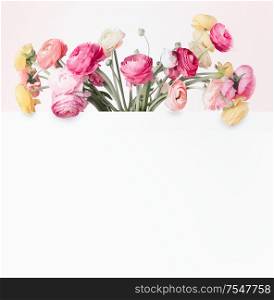 Creative flowers concept. Lovely colorful buttercups bunch layout with white frame background. Copy space for your design . Pastel colors. Greeting card