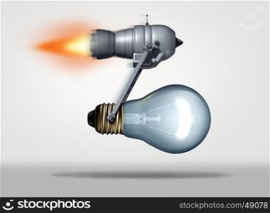 Creative focus concept as a jet or rocket engine moving a light bulb forward as a business motivation metaphor for creative speed success and quick delivery of ideas as a 3D illustration.