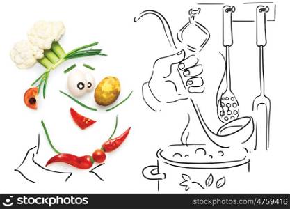 Creative food concept of a funny cartoon chef, made of vegetables, cooking a soup on sketchy background.