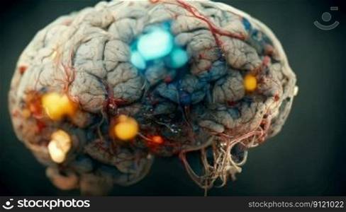 Creative futuristic brain with glowing neuron cells. Neural network generated art. Digitally generated image. Creative futuristic brain with glowing neuron cells. Ai generated art