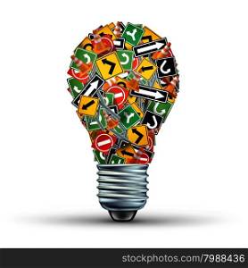 Creative guidance concept and Ideas direction as a business symbol with a group of highway and road signs in the shape of a light bulb as a creativity stress metaphor for an inspiration guide.