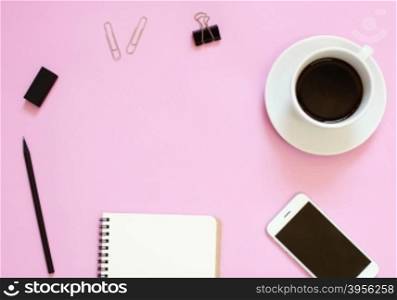 Creative header design mockup set of workspace desk with smartphone, coffee, stationery and notebook with copy space background&#xA;&#xA;