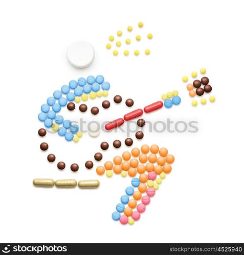 Creative health concept made of drugs and pills, isolated on white. A person sneezes and spreads disease while playing the guitar.