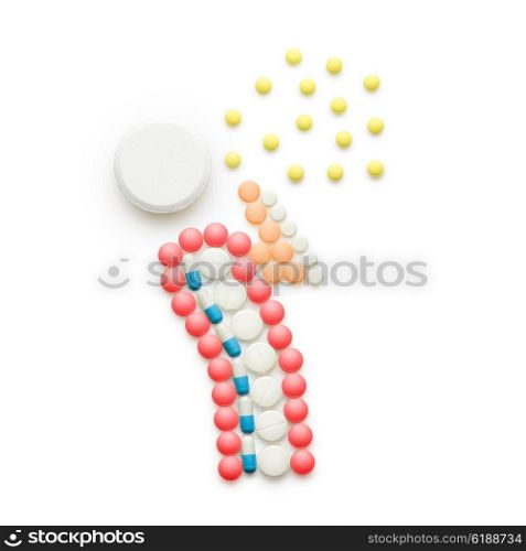 Creative health concept made of drugs and pills, isolated on white. A person that caught a cold, sneezing and spreading disease.
