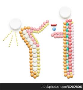 Creative health concept made of drugs and pills, isolated on white. A person that caught a cold, sneezing and spreading disease while standing near another person.
