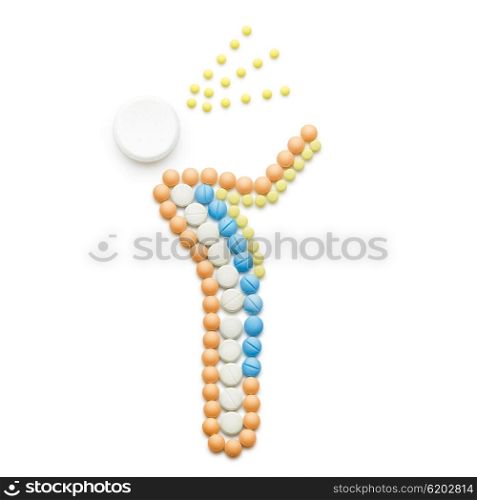Creative health concept made of drugs and pills, isolated on white. A person that caught a cold, sneezing and spreading disease.